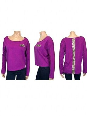 Vintage Havana High Low Sequin Top Long Sleeve Purple Metallic Blouse